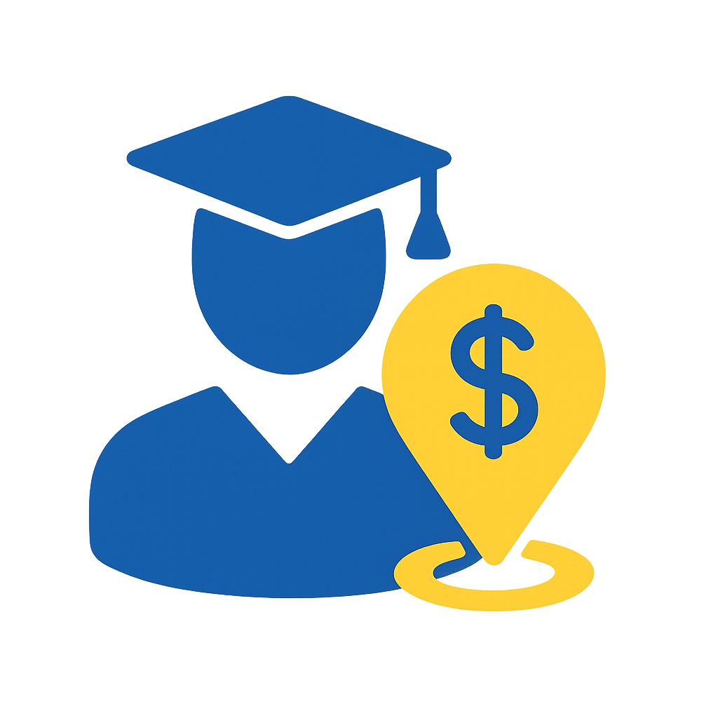 Home Blue silhouette of a graduate with a yellow location pin featuring a dollar sign, symbolizing strategic financial aid planning.